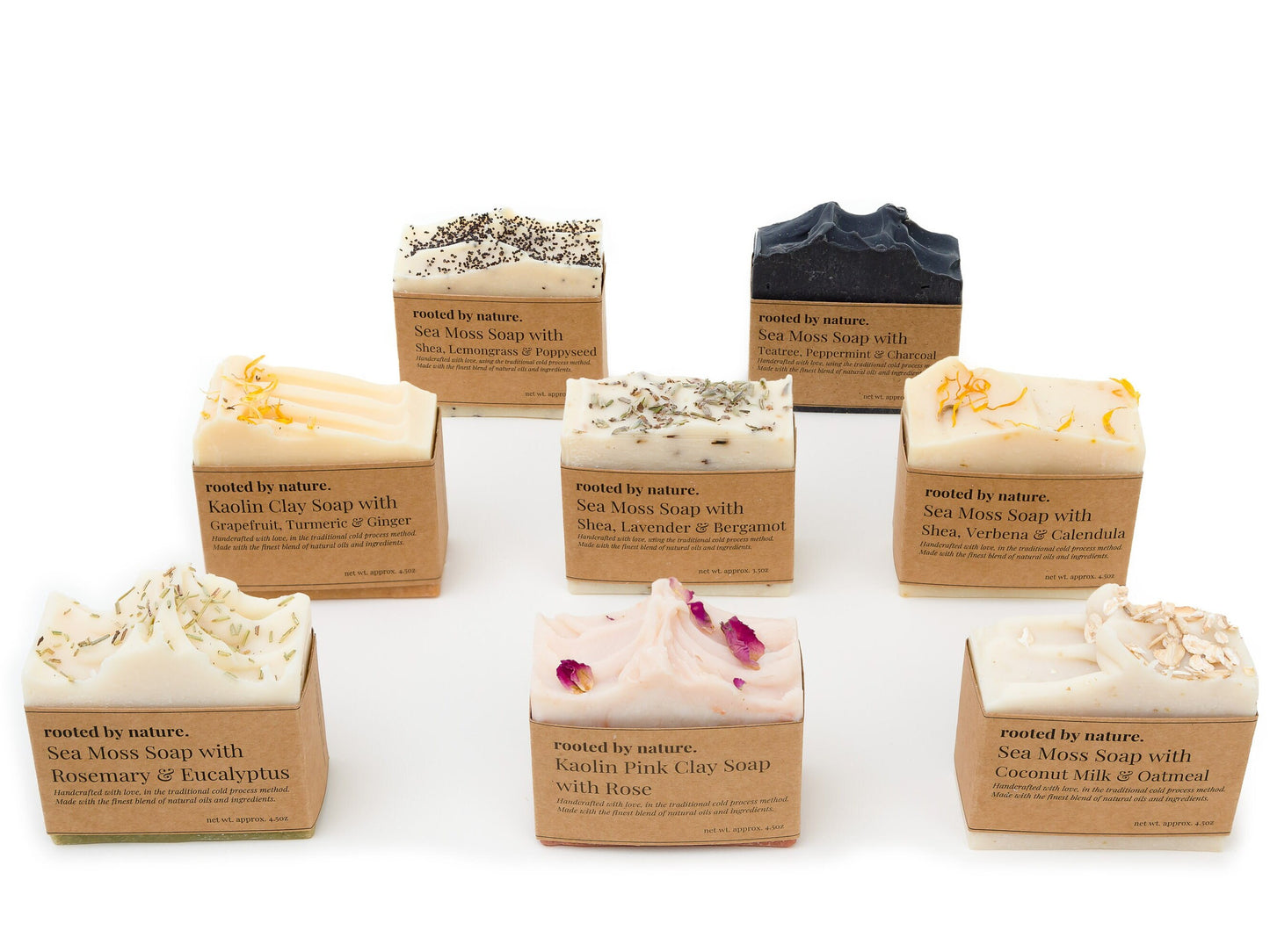 Sea Moss Soap | Cold Process | 100% Natural | Organic | Palm Oil free; Shea, lemograss and poppyseed; Teatree peppermint & charcoal ; Grapefruit, turmeric & ginger; Shea, lavender & bergamot; Shea, verbena & calendula; Rosemary & Eucalyptus; Kaolin pink clay soap with rose; Coconut milk & oatmeal