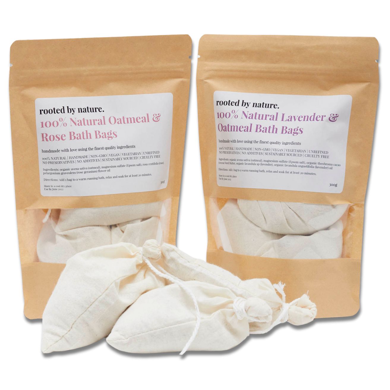 100% Natural Lavender & Oatmeal Bath Bags. 100% Lavender & Rose Bath Bags. Our handcrafted Oatmeal Bath Bags are made with love using the finest quality ingredients for you and your family. Packed full of nourishing oatmeal and shavings of organic cocoa butter to deeply hydrate and moisturise the skin, long after you've finished your bath. Infused with relaxing lavender oil and sprinkled with organic lavender buds, these bath bags are the perfect pre-bedtime treat to to wind down after a long day.