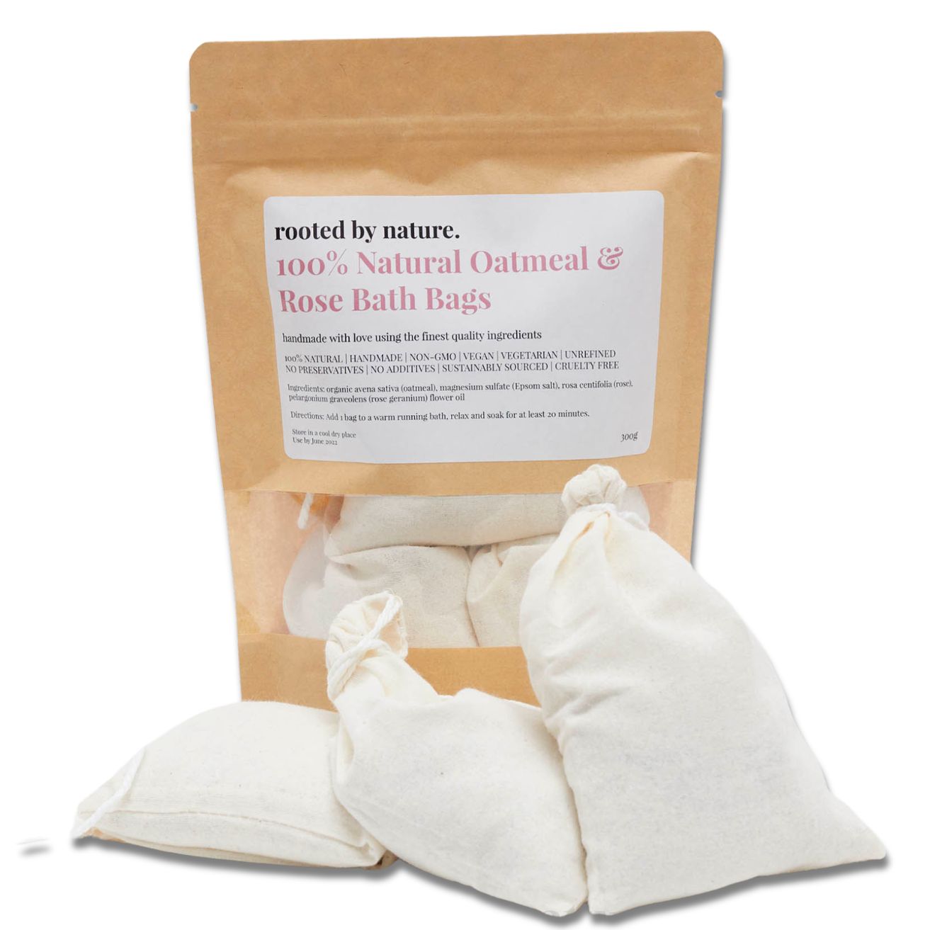 100% Natural Oatmeal & Rose Bath Bags. Our handcrafted Oatmeal Bath Bags are made with love using the finest quality ingredients for you and your family. Packed full of nourishing oatmeal to deeply hydrate and moisturise the skin, long after you've finished your bath. This luxurious Oatmeal Bath Salt Blend is infused with the soothing floral scent of rose and rose geranium essential oils, and finished with a sprinkle of rose petals to leave you feeling calm and balanced after a long day.