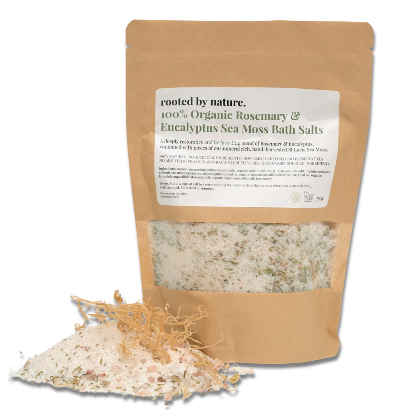 Organic Rosemary & Eucalyptus Sea Moss Bath Salts. A deeply soothing and invigorating Bath Salt Blend combining restorative Rosemary & Eucalyptus to relieve muscular aches and pains and infused with our mineral rich, hand-harvested St Lucia Sea Moss. The natural healing effects of Himalayan and Epsom salts, makes this the perfect combination for recovery and relaxation.