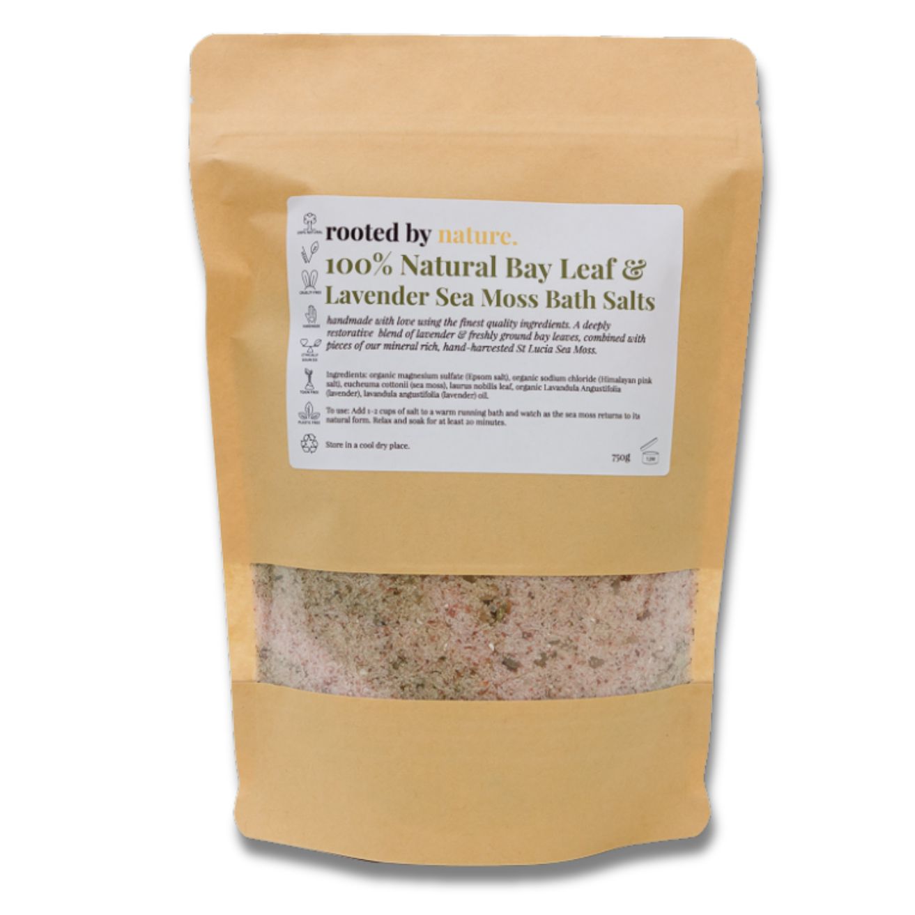 Organic Sea Moss Bath Salts with Bay Leaf & Lavender. A deeply relaxing and invigorating blend of freshly ground Bay Leaves &amp; Organic Lavender, combined with pieces of our mineral rich, hand-harvested St Lucia Sea Moss. &nbsp;Enjoy the luxurious combination of Pink Himalayan and Epsom Salt working together to cleanse, soften and detoxify the body.