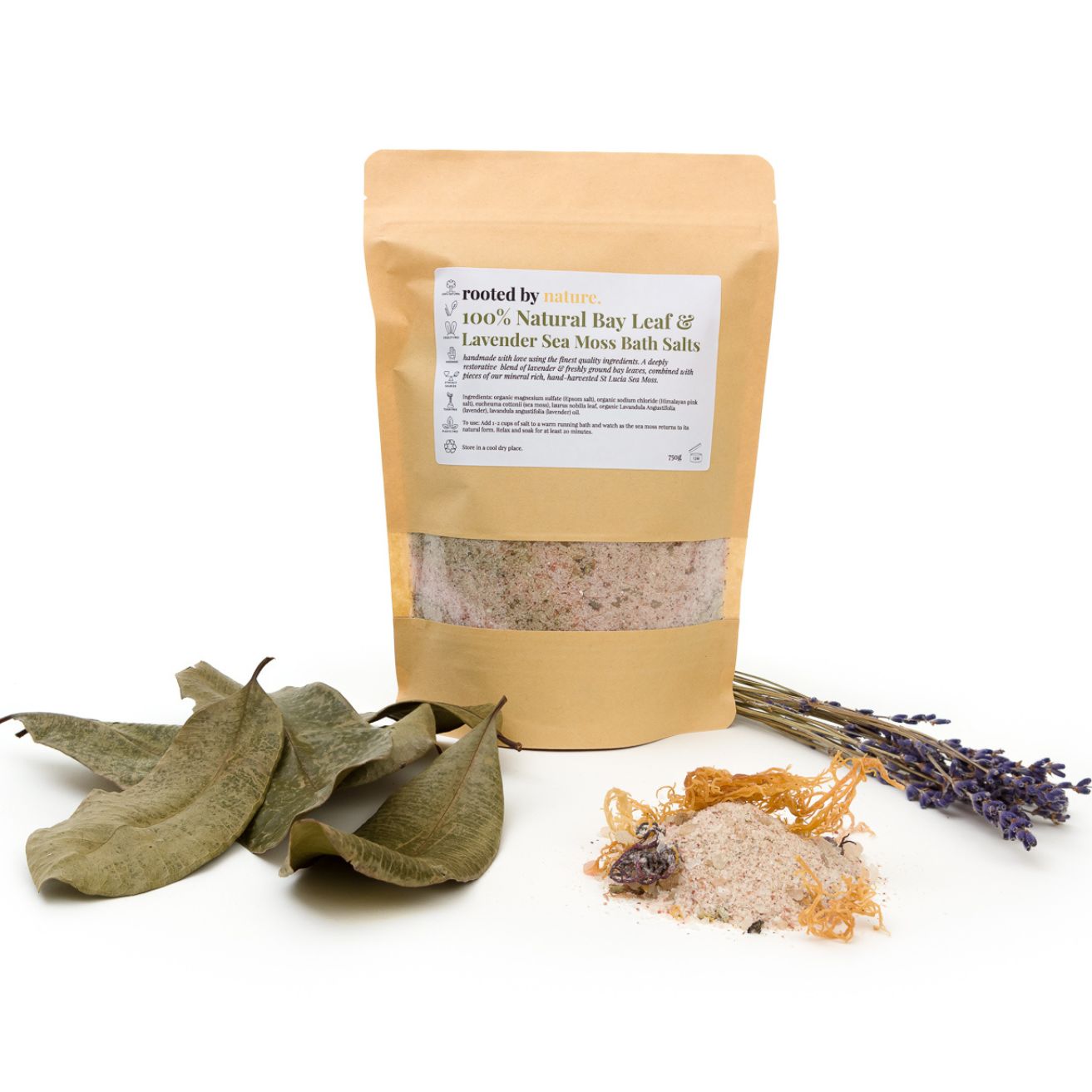 Organic Sea Moss Bath Salts with Bay Leaf & Lavender. A deeply relaxing and invigorating blend of freshly ground Bay Leaves &amp; Organic Lavender, combined with pieces of our mineral rich, hand-harvested St Lucia Sea Moss. &nbsp;Enjoy the luxurious combination of Pink Himalayan and Epsom Salt working together to cleanse, soften and detoxify the body.