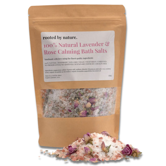 100% Natural lavender & rose calming bath salts. No preservatives or additives. Sustainably sourced and cruelty free. Indulge in the ultimate self-care experience with our stress relieving Bath Salts Blend. Immerse yourself in a luxurious blend of Pink Himalayan and Epsom salt to cleanse, soften and detoxify the body. Whilst the soothing combination of Lavender and Rose essential oils ease away stress and tension.