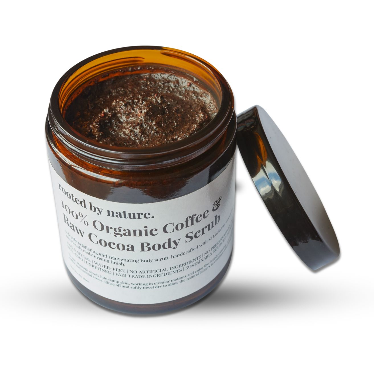 Organic Coffee & Raw Cocoa Body Polish Scrub. A deeply exfoliating and uplifting body scrub, handcrafted with Organic Raw Cocoa and Arabica Coffee for a luxuriously refreshing experience, leaving you with smooth, soft and glowing skin. All ingredients sourced responsibly and 100% natural, vegan friendly.