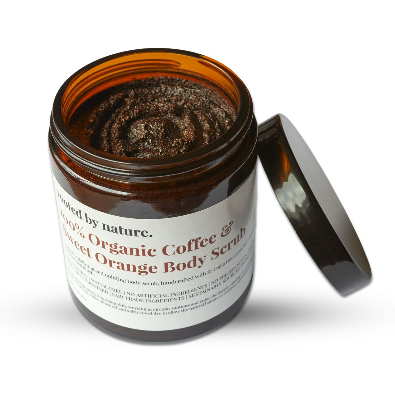 Organic Coffee & Sweet Orange Body Polish Scrub. A deeply exfoliating and uplifting body scrub, handcrafted with Organic Raw Cocoa and Arabica Coffee for a luxuriously refreshing experience, leaving you with smooth, soft and glowing skin. All ingredients sourced responsibly and 100% natural, vegan friendly.